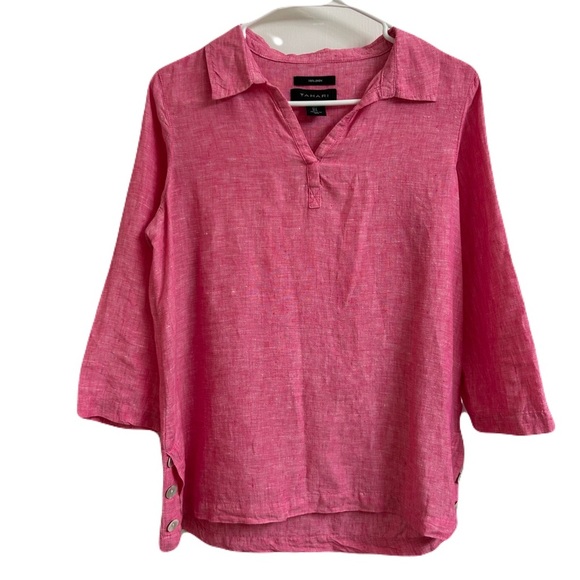 Tahari Tops - Tahari Women’s Size S 100% Linen Pullover Shirt Pink Side Vent Pearl Buttons